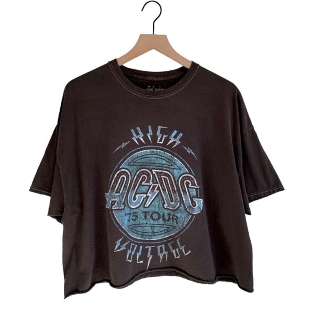 AC/DC Officially Licensed Distressed Gray “High Voltage” Graphic Crop T-Shirt